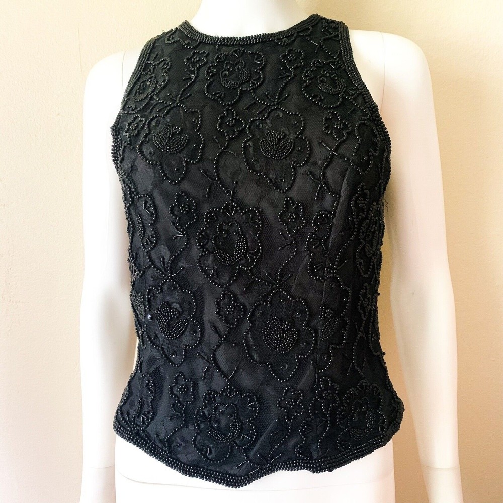 Vintage Laurence Kazar Black Floral Beaded Sleeveless Top M Evening Tank Shell